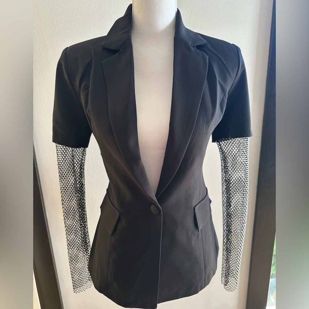 Black Blazer with Mesh Rhinestone Sleeves, NWT